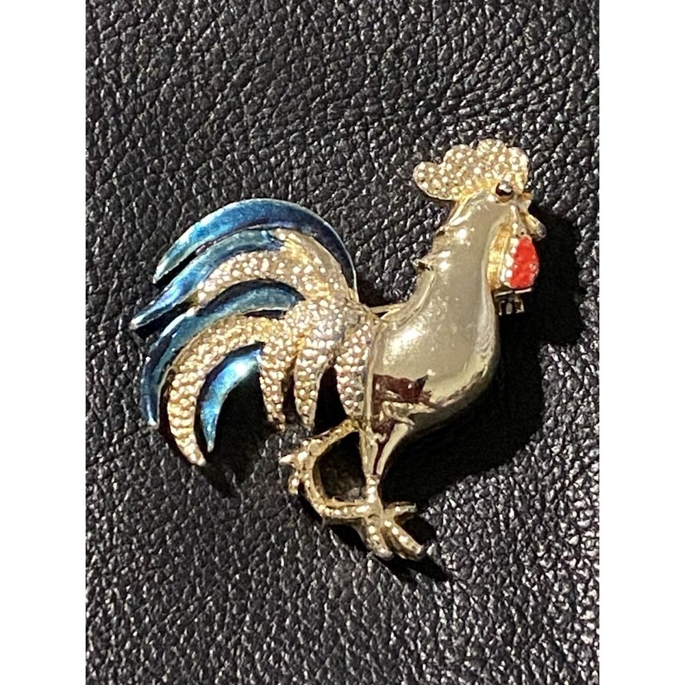 GERRY'S ROOSTER Blue Feathers BROOCH Signed ENAMEL VINTAGE 1980's Bird Lovers
